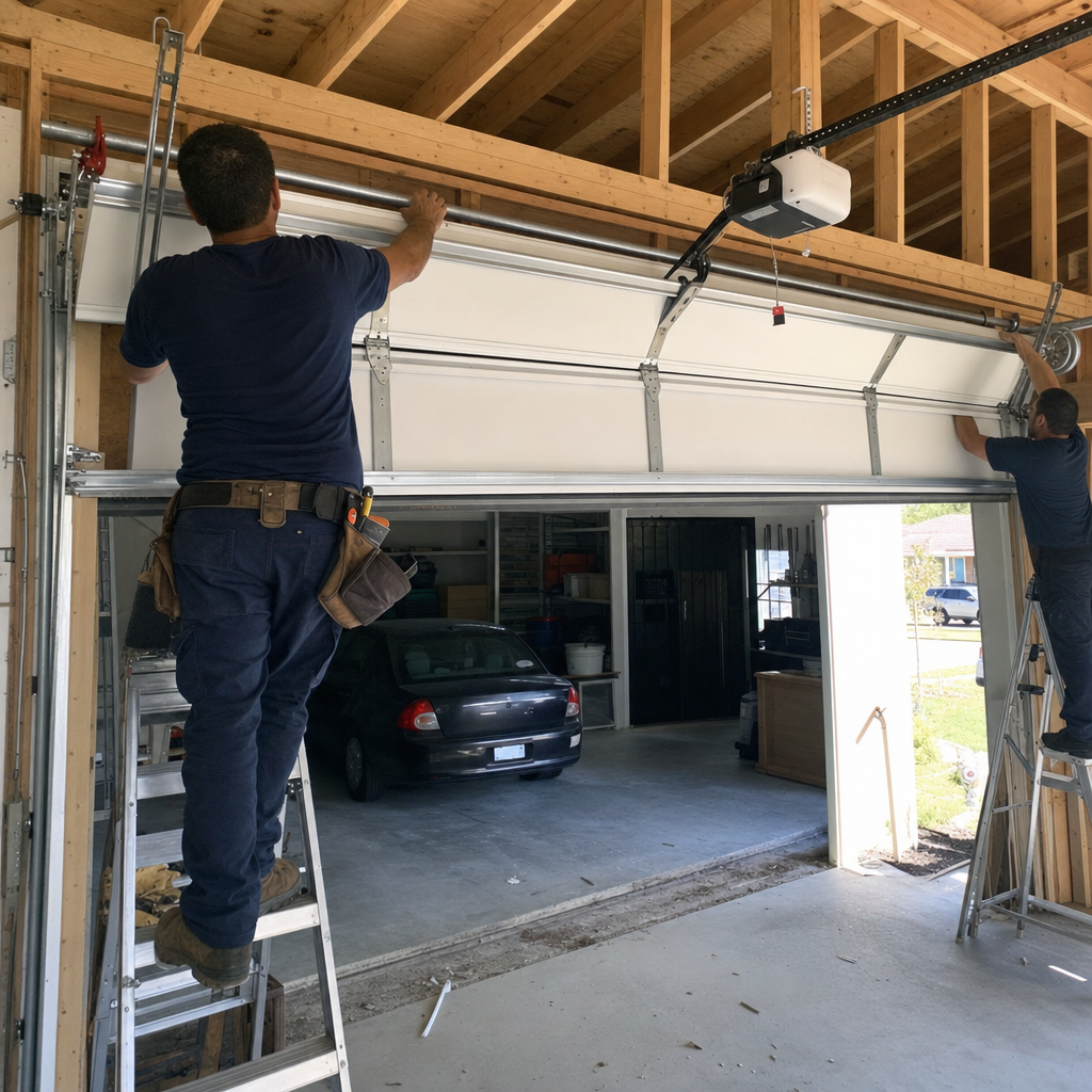 Two professional technicians performing a garage door installation on a ladder