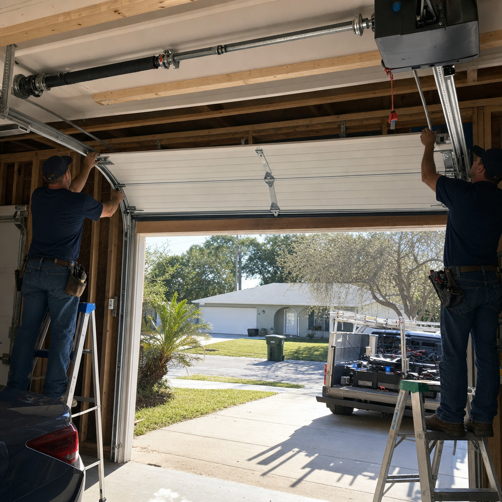 Two professional technicians installing a residential garage door