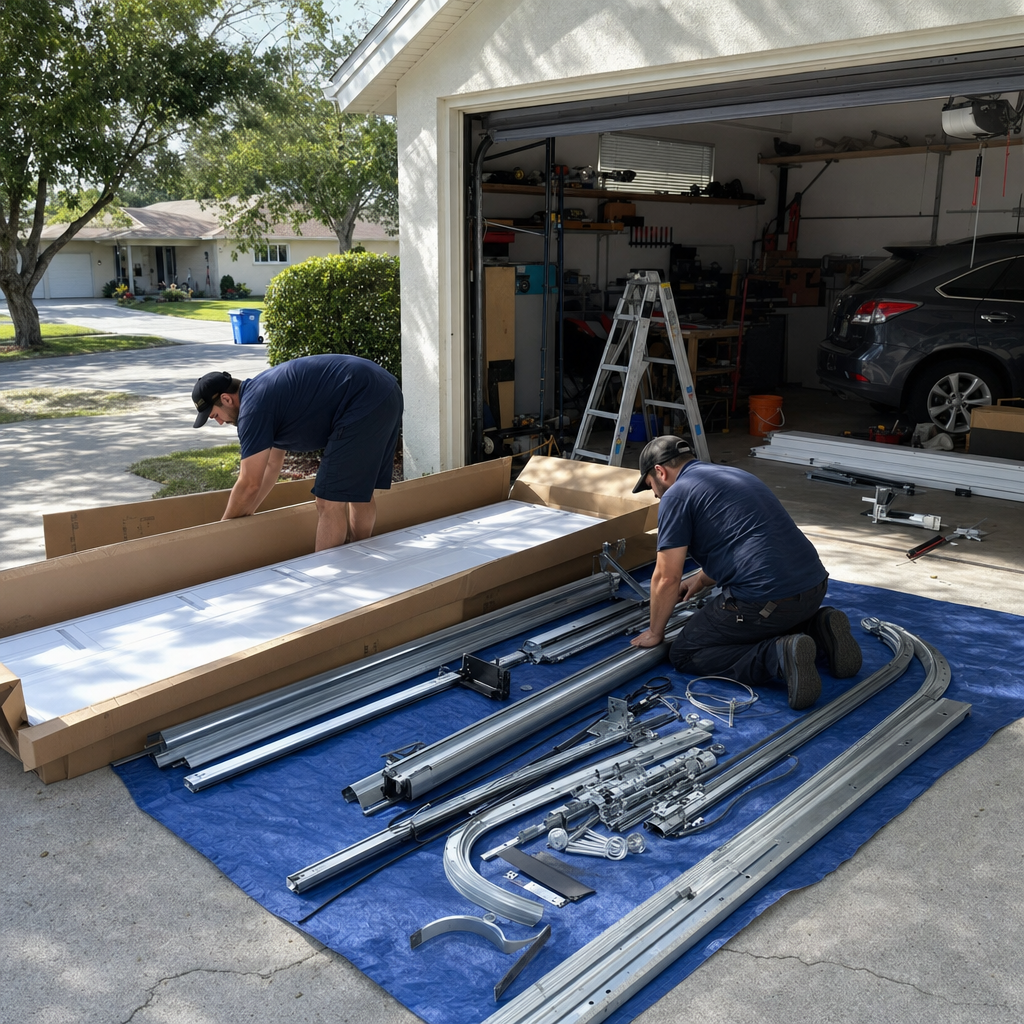 Two professional technicians installing a new residential garage door