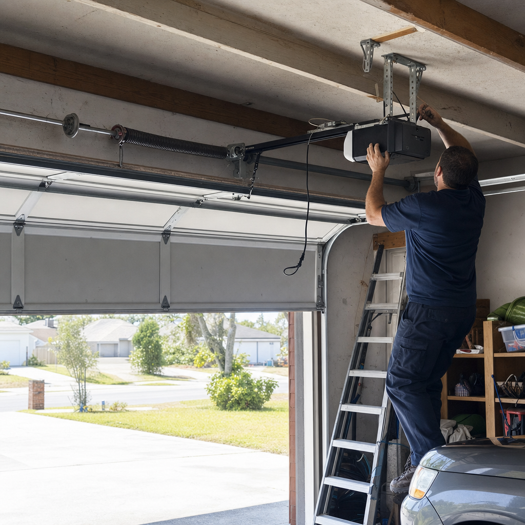 Technician performing professional garage door opener installation and maintenance
