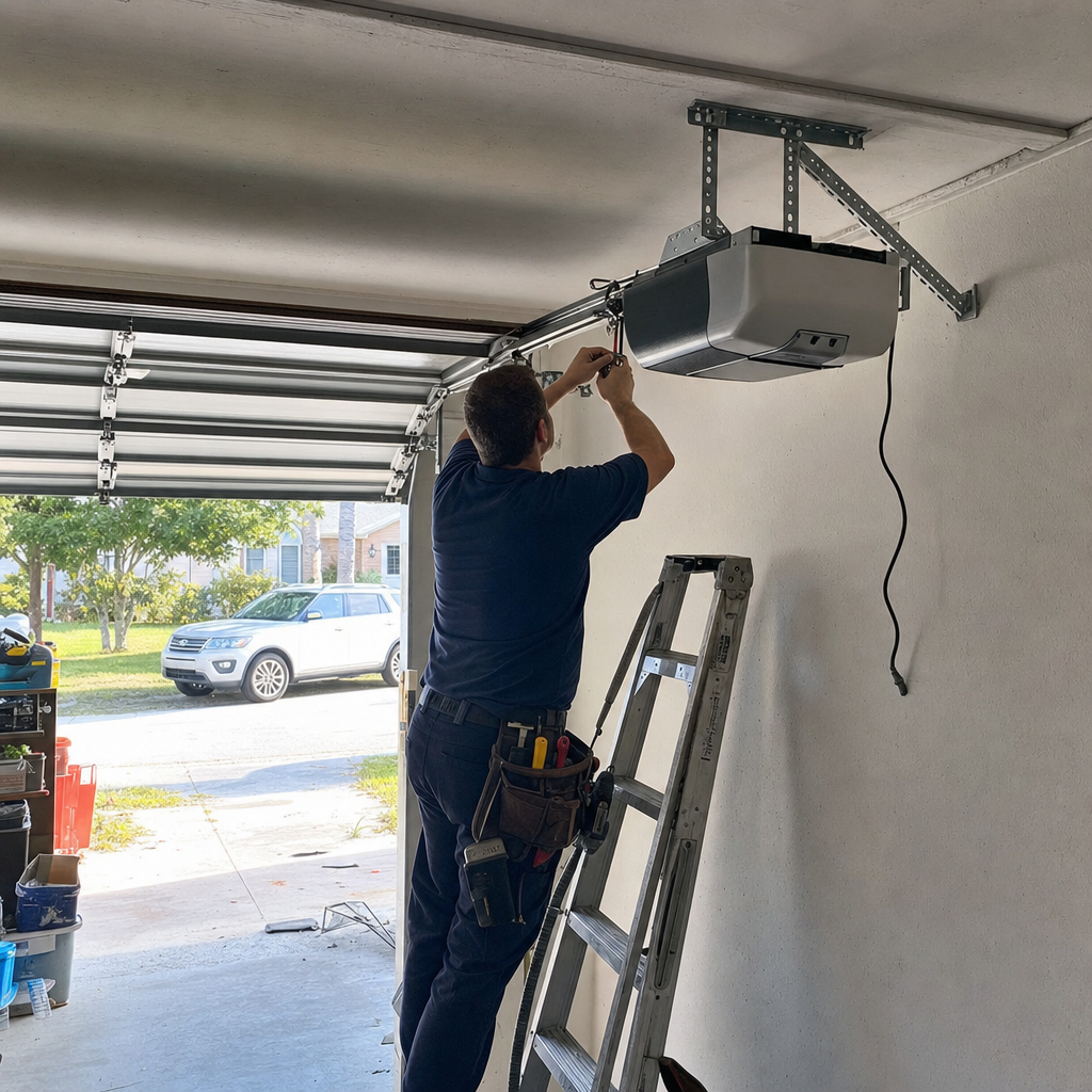 Technician installing a garage door opener motor on a ladder