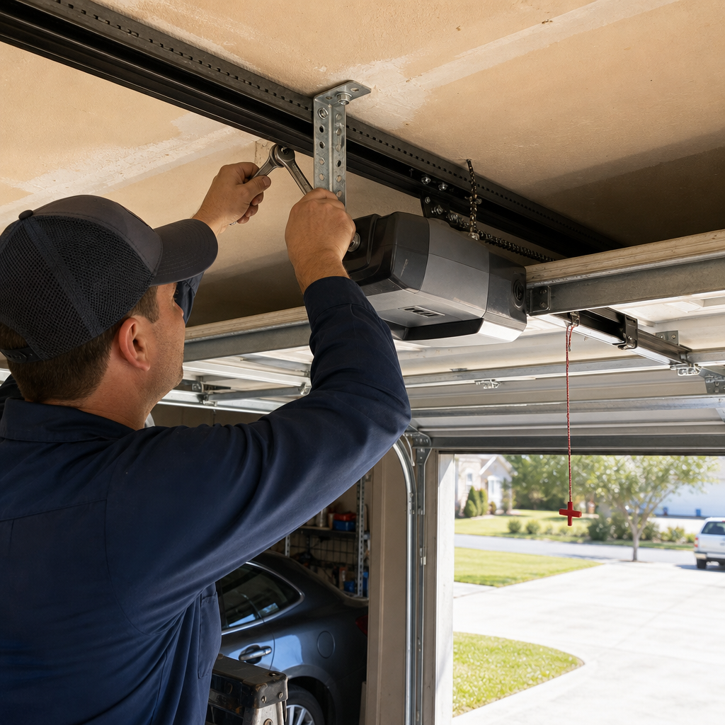 Technician using a wrench to repair a garage door opener motor