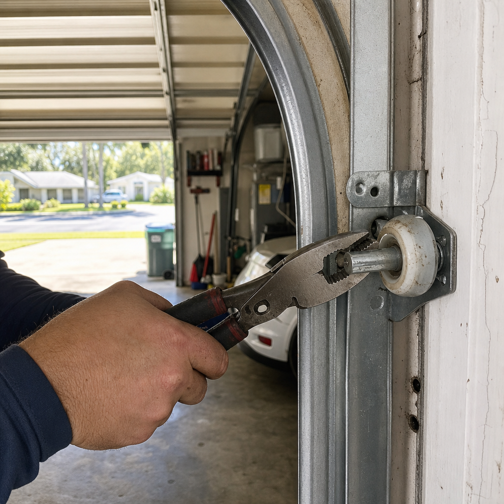 Technician using pliers to repair a garage door roller