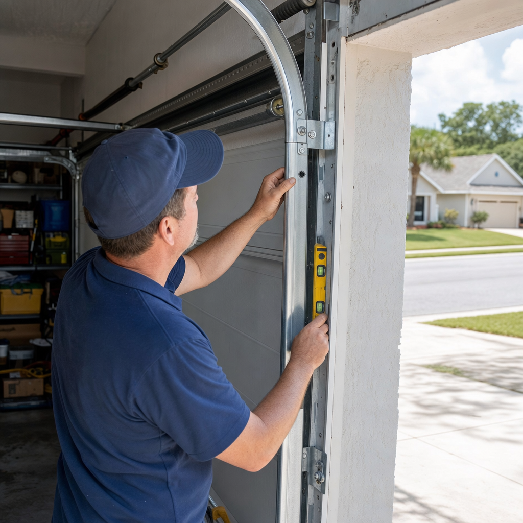 Technician using a level to repair a residential garage door track