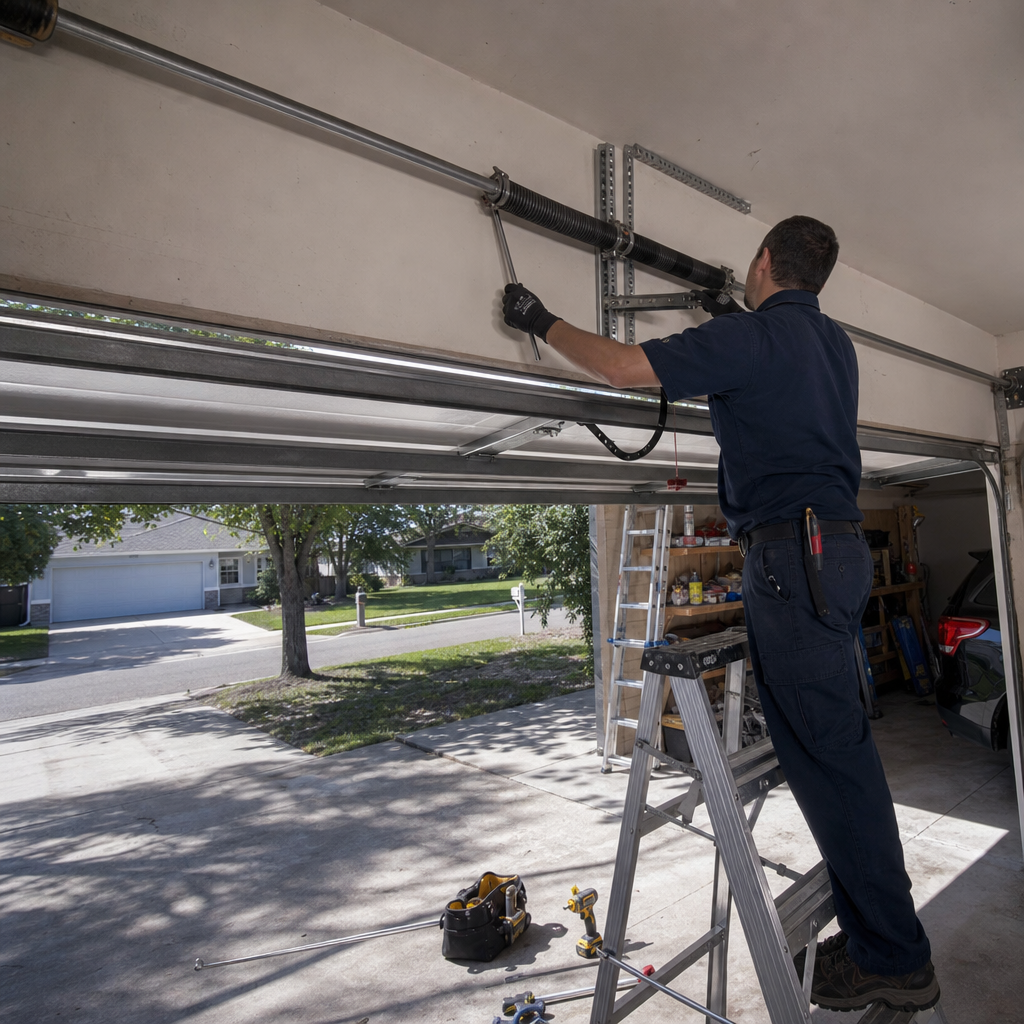 Technician performing professional garage door spring repair