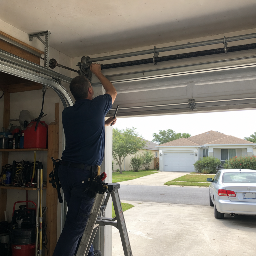 Technician performing emergency garage door spring repair in Tampa, FL