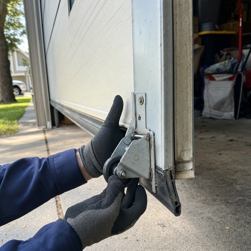 Technician performing emergency garage door roller repair in Tampa, FL