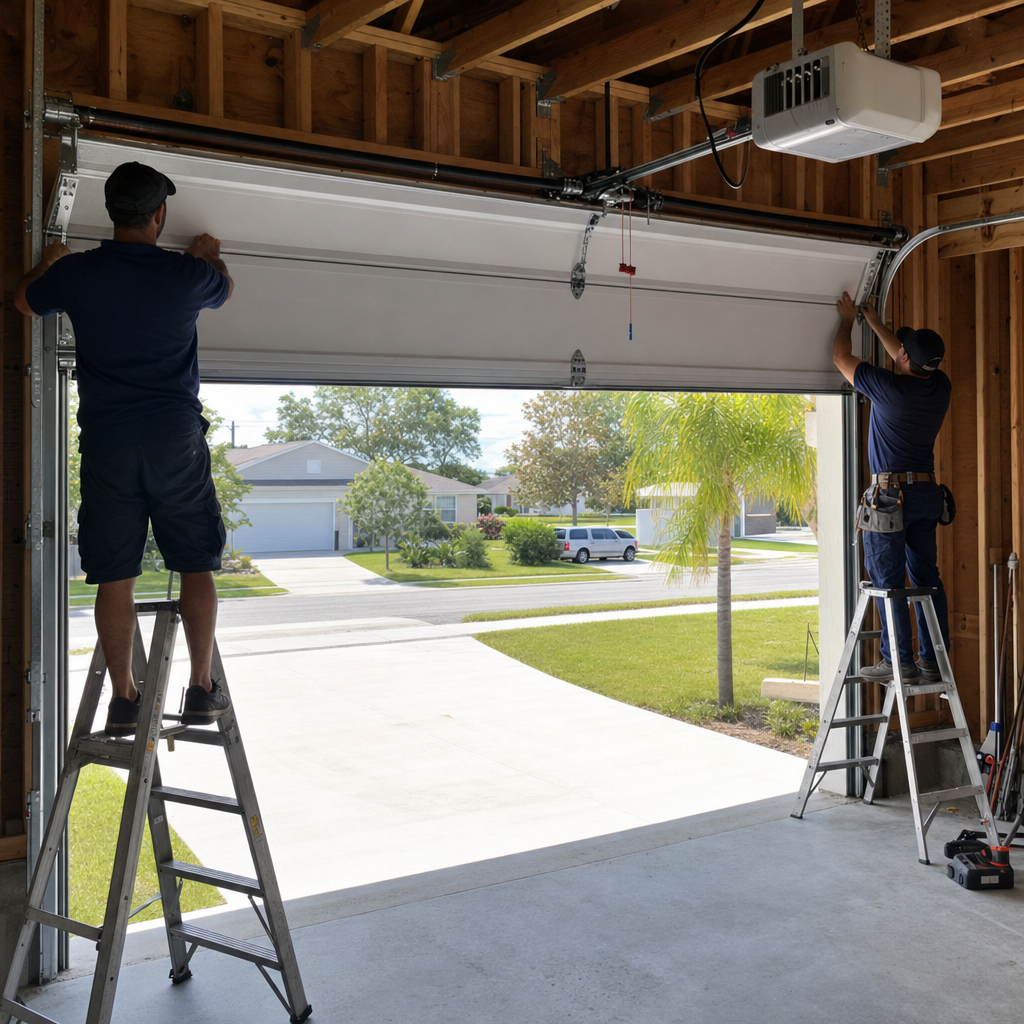 Two professional technicians performing a residential garage door installation