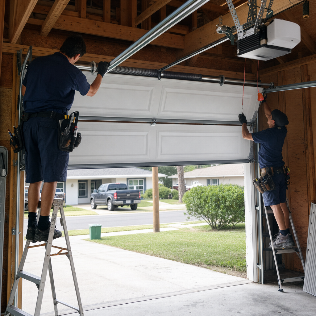 Two technicians installing a new residential garage door