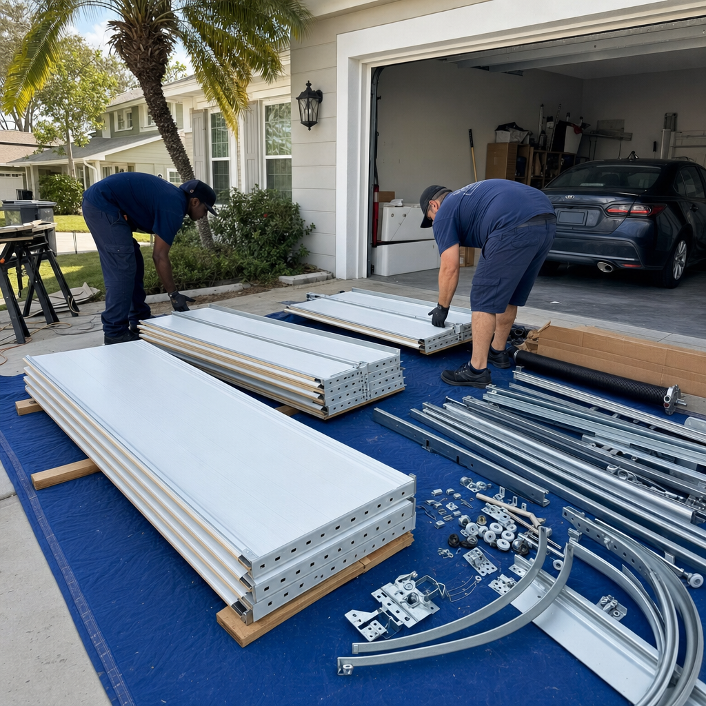 Two technicians organizing new garage door panels and hardware for professional installation.