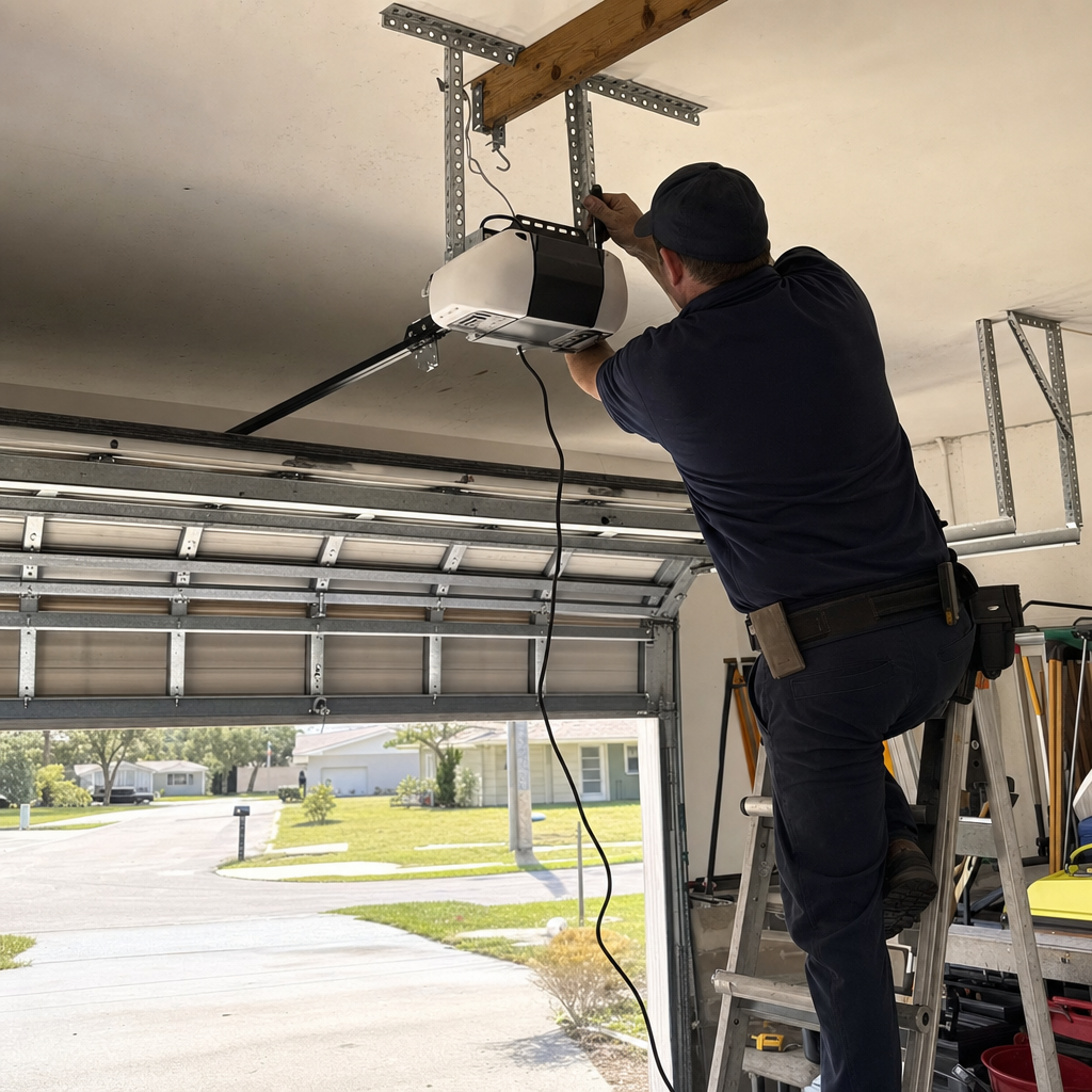 Technician installing a garage door opener motor in a residential garage