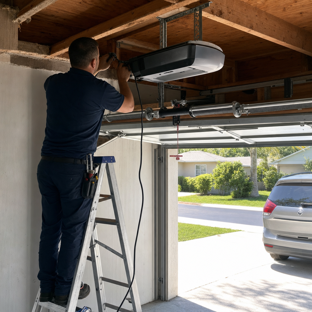 Technician repairing a garage door opener motor from a ladder