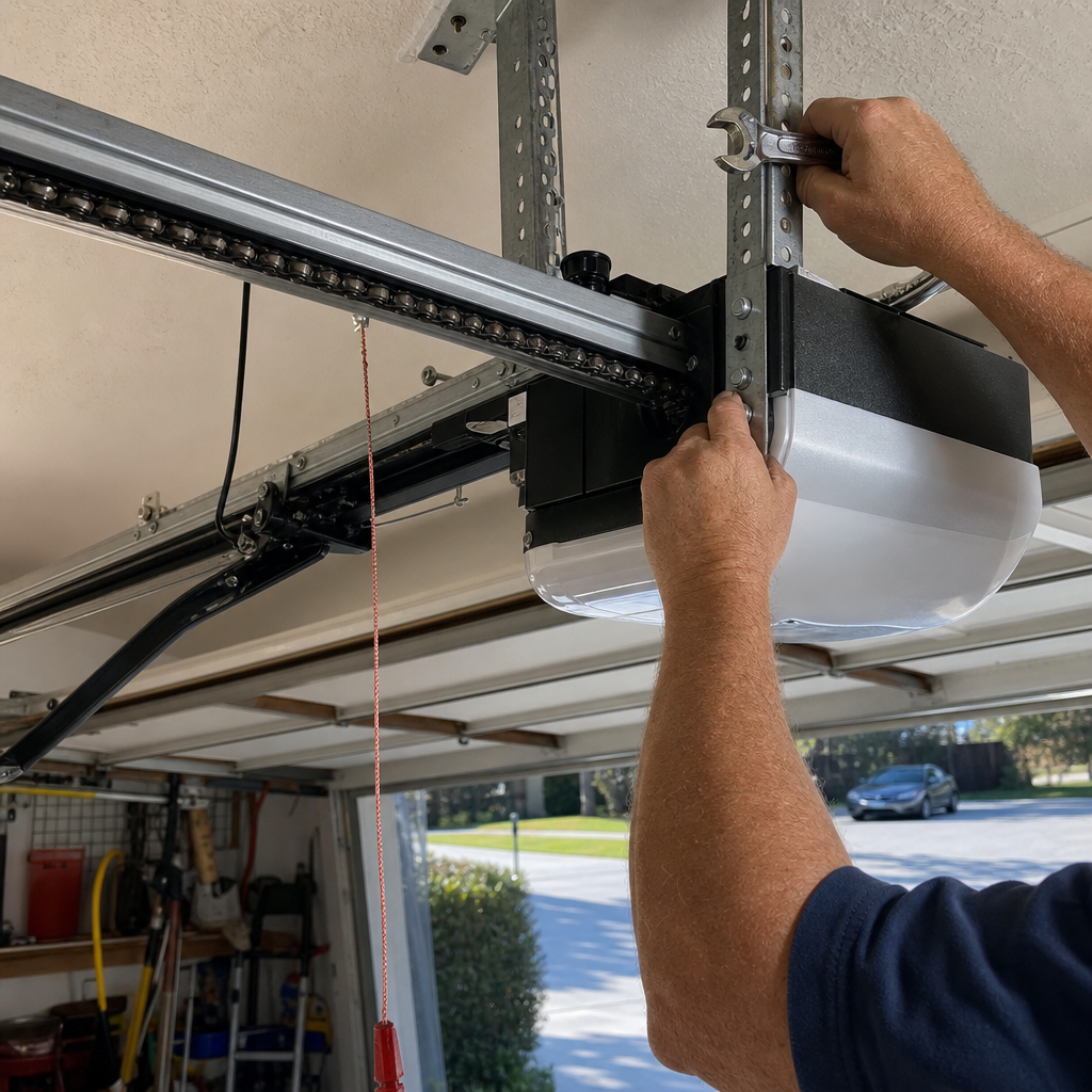 Technician using a wrench to repair a garage door opener motor