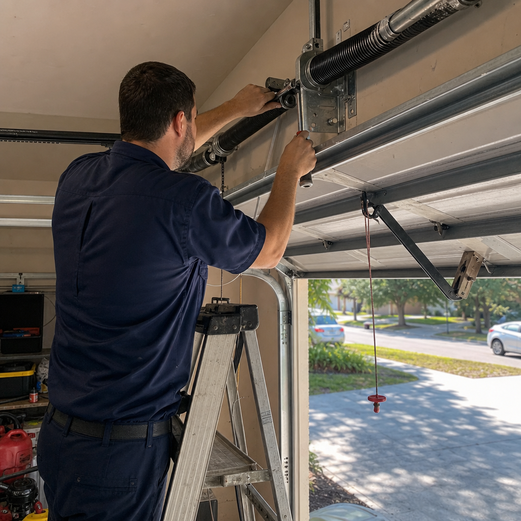 Technician performing professional garage door torsion spring repair and maintenance in Tampa, FL