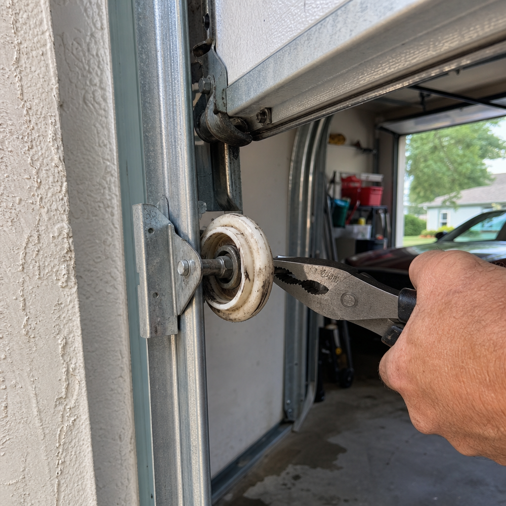 Technician using pliers to perform garage door roller repair