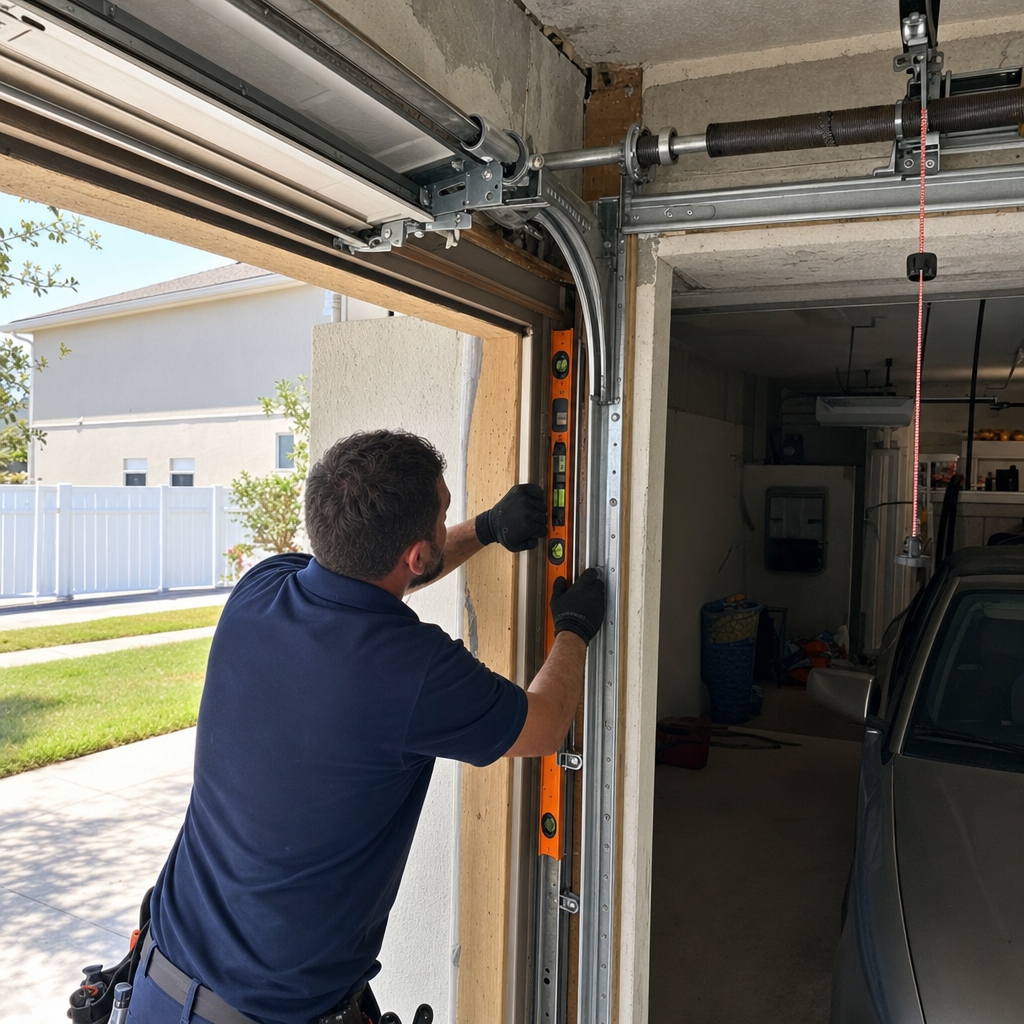 Technician using a level to align garage door track during repair