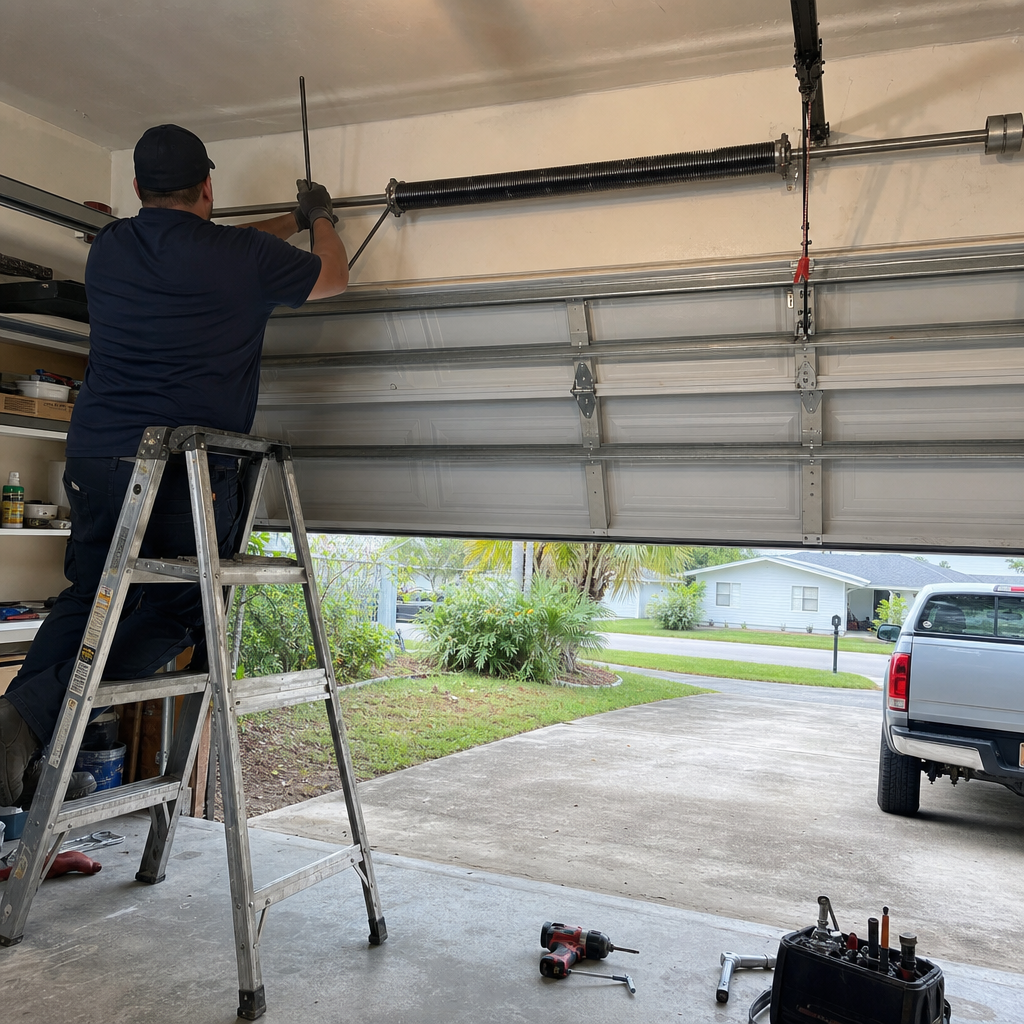 Technician performing professional garage door spring repair and maintenance